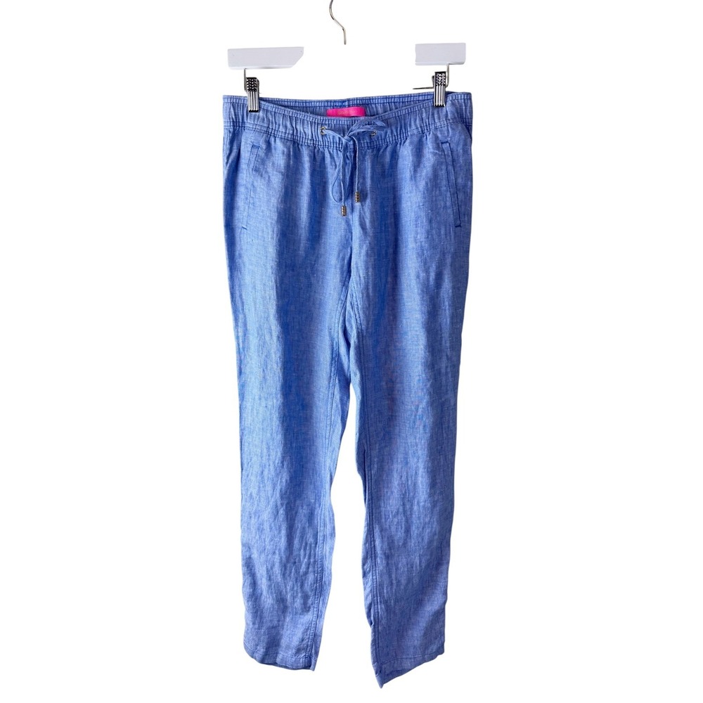 Lilly Pulitzer Blue Linen Beach‎ Pants Smocked Drawstring Waist Small